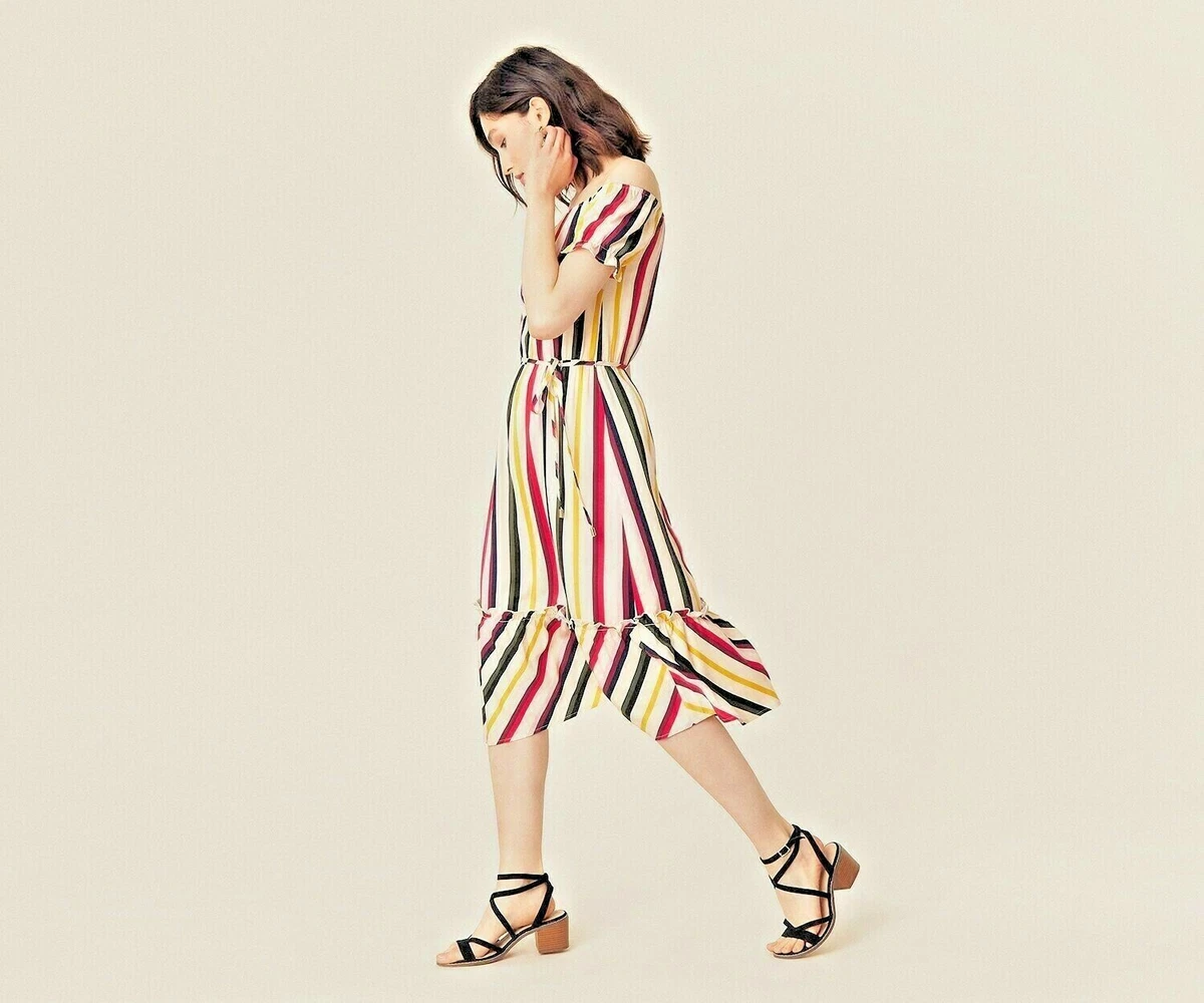 Oasis BALI Multi Stripe Midi Off Shoulder Bardot Dress size 12