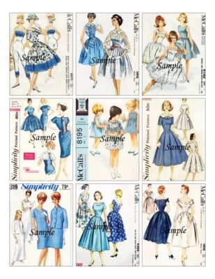 Vintage Sewing Pattern Theme 9 x Gift Tag Craft Card Topper - Shades of Blue - image 1 of 3