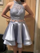 Powder Blue Halter neckline two piece prom dress