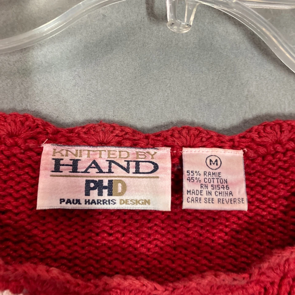 Vintage 90s Hand Knit Knitted Sweater Womens M Red Floral Cottagecore Ramie - Image 2 of 4