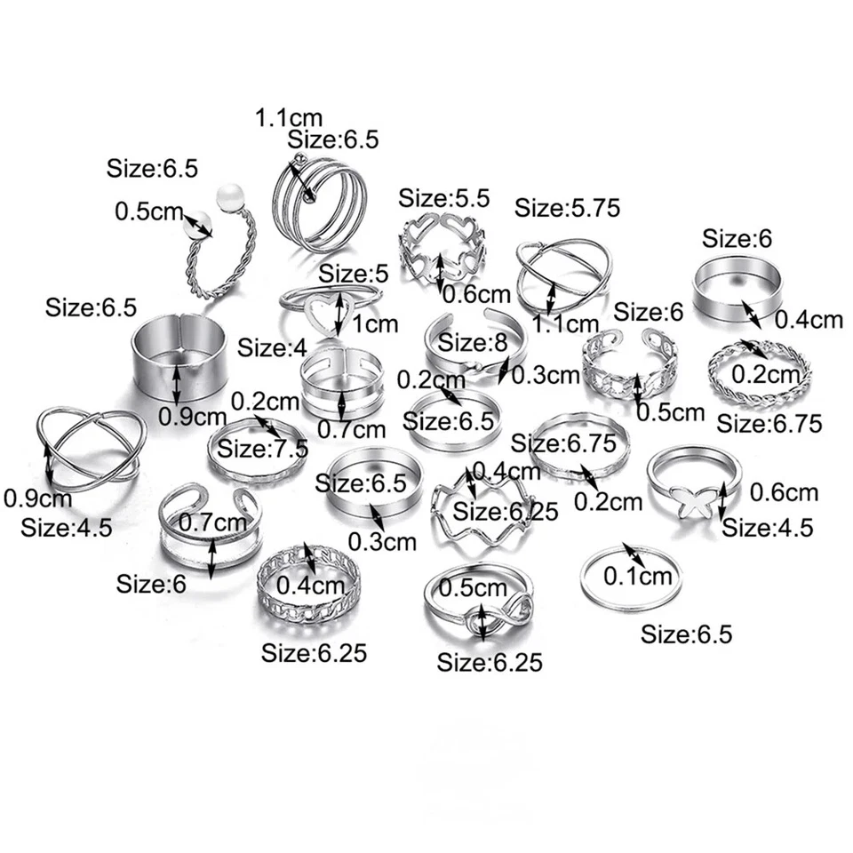 Anelli da donna Set 16 pezzi Anello Acciaio Colore Argento Serpente Catena Fiore - Immagine 3 di 4