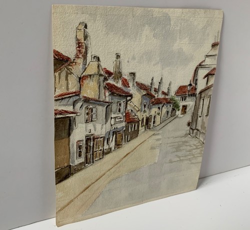 VINTAGE DOUBLE SIDED WATERCOLOUR PAINTING TOWN BUILDING CHURCH SIGNED DATED 1959 - Picture 7 of 24