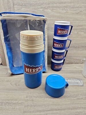 RARE VINTAGE HERR'S POTATO CHIP Aladdin Thermos Bottle And 4 Cups. Some Damage!!