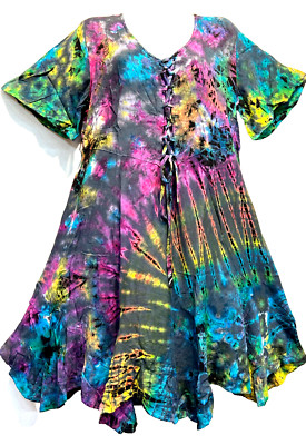 Nwt SACRED THREADS boho tie dyed corset rayon scallopped mini DRESS M Free shipp