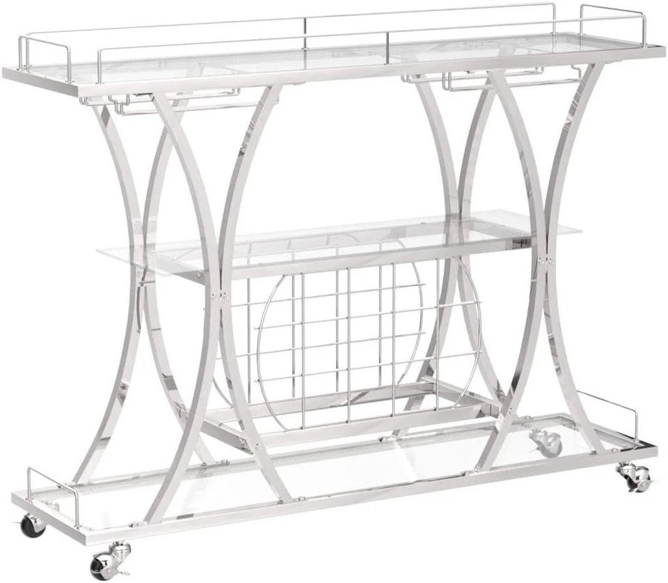 Carro para servir bar con soporte para vidrio y estante para vino, carrito de cocina de 3 niveles Foto 2 de 4