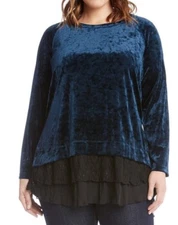 Karen Kane 3N94861W Plus Size Teal Stretch Velvet Lace Inset Tiered Top - $138