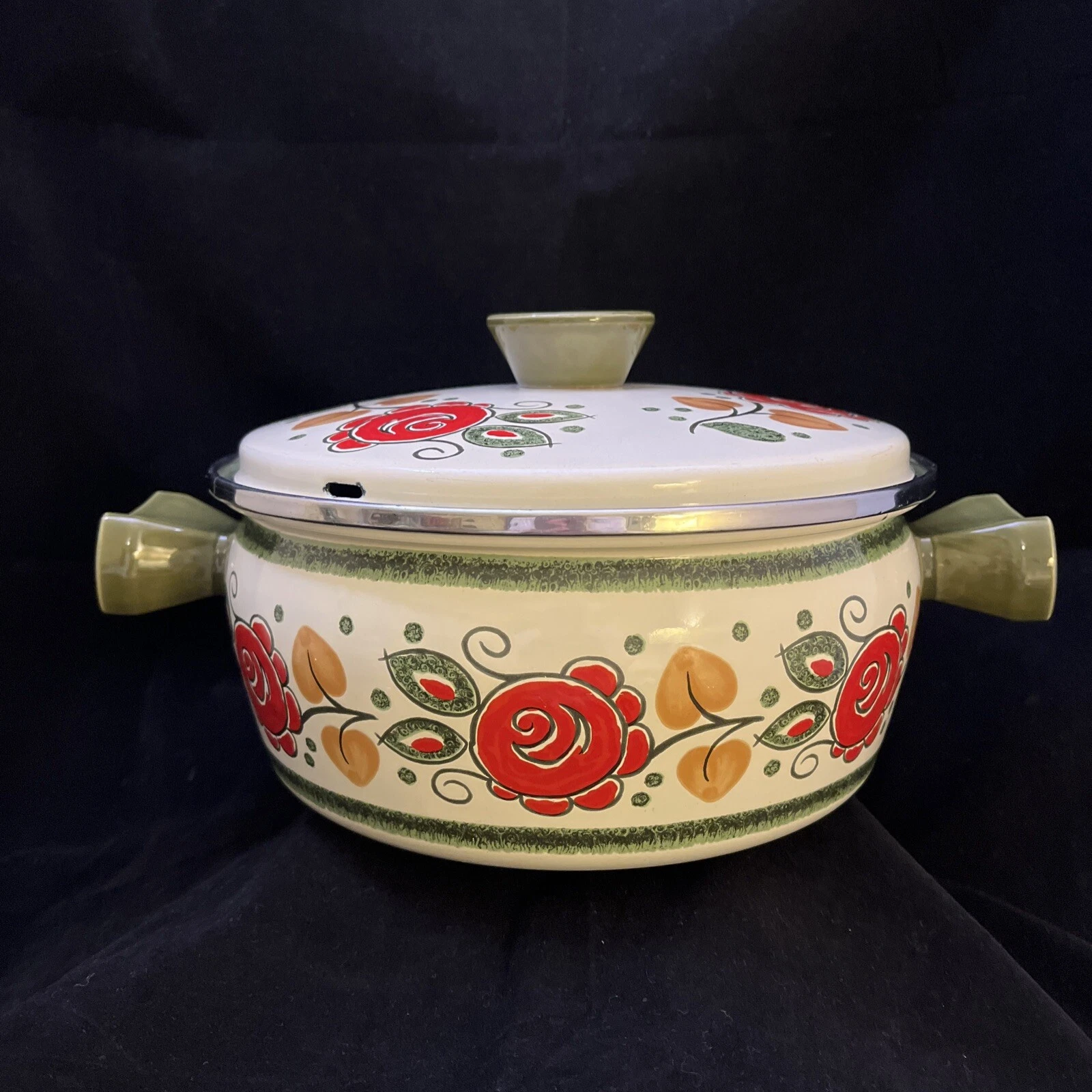 Baumann Tirol 2.5 Qt Enamel Stockpot Lid Red Green Floral Germany Stovetop Oven