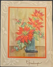 Christmas Card Vintage Poinsettia Holly Berries Vase Embossed Border Orange