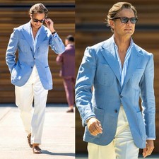 Light Blue Linen Men s Blazer Multi-Pocket Summer Casual Wedding Business Jacket