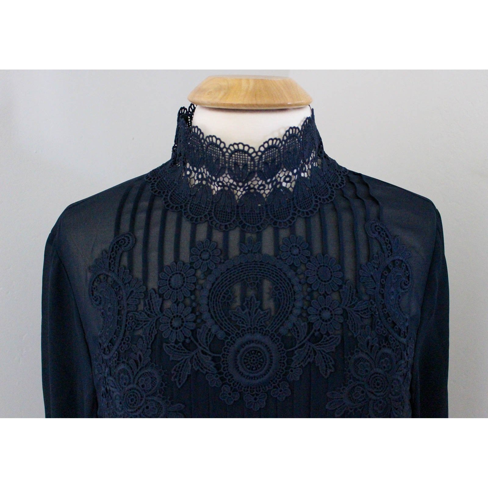 Ted Baker Top Womens Size 5 Blue Lace High Neck Sheer Sleeves Relaxed Cailley