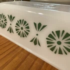 VTG Milk Glass Loaf Pan Green Daisy Design Baking Dish