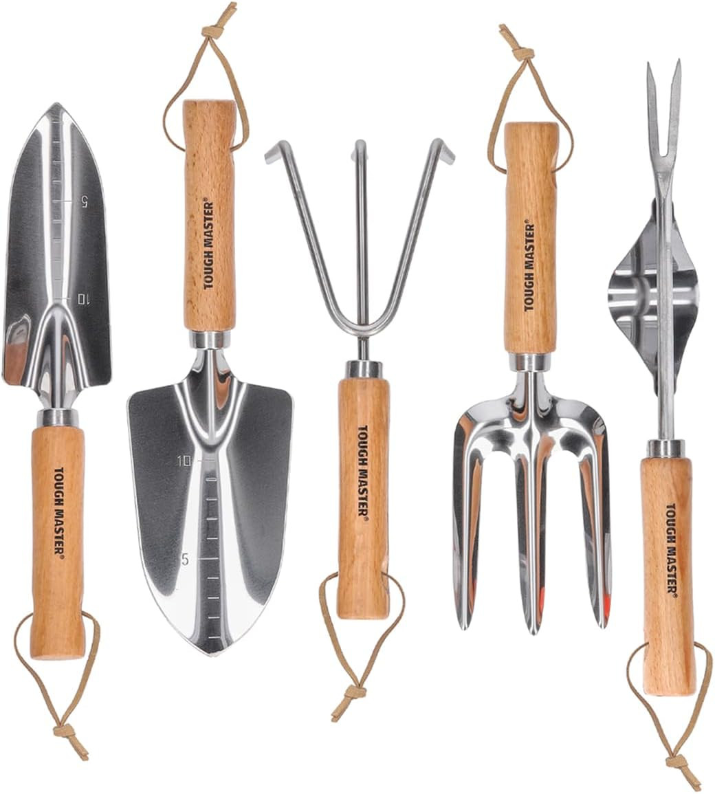 Set di Attrezzi per Piantare 5 Pezzi - Kit Giardinaggio Legno e Acciaio