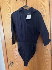 Cider Navy Solid Collared 3/4 Sleeve Pullover Woven Bodysuit Women s M