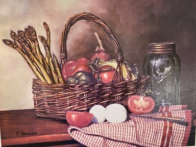 H Hargrove 12x16 Canvas Still Life Asparagus Eggs Tomato Canning Jar Gingham