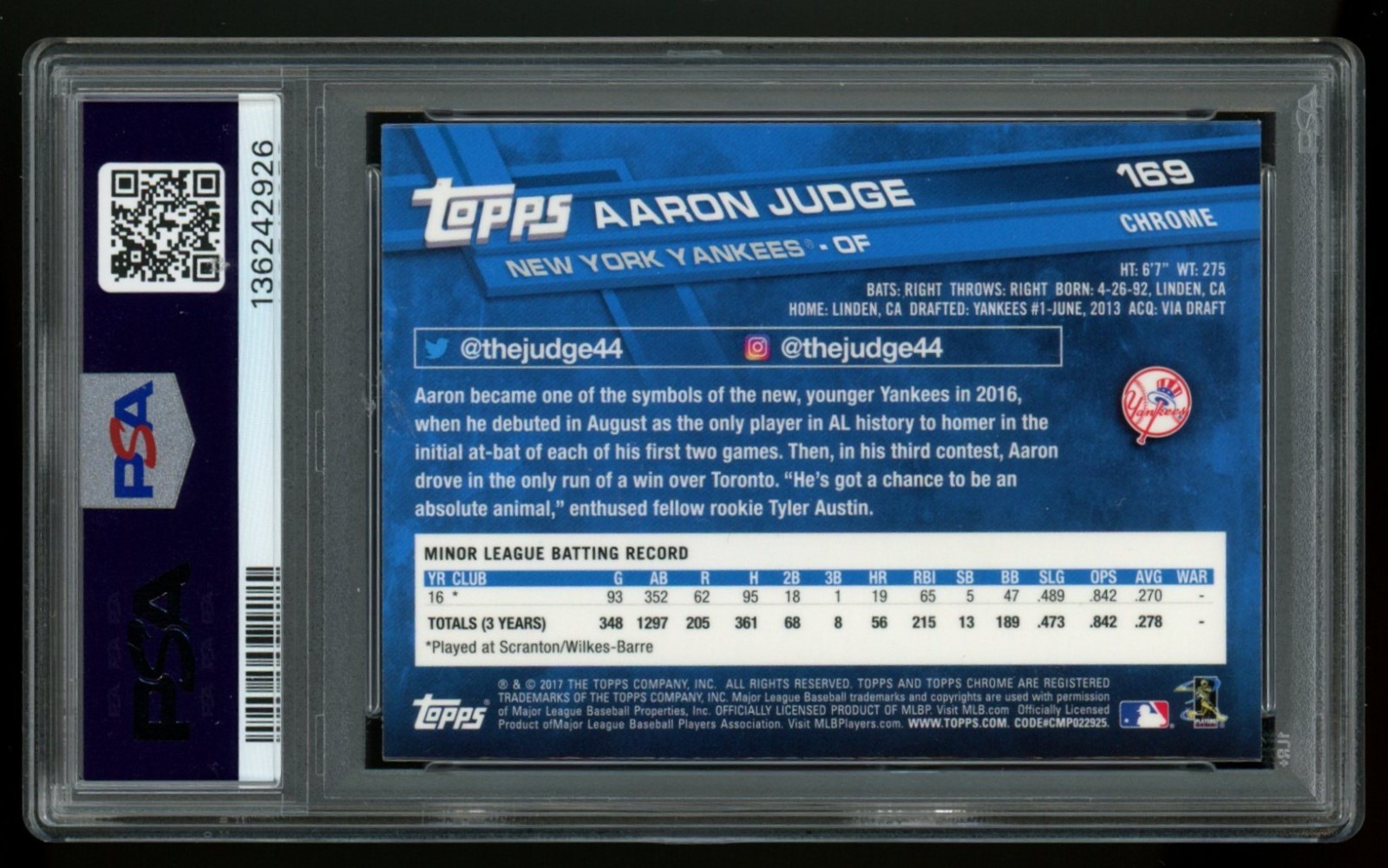 PSA 9 2017 Topps Chrome AARON JUDGE 169 Rookie Catching view 2