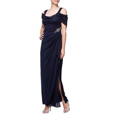 Alex Evenings Womens Dress Size 12P Bead Embellished Blue Chiffon Cocktail Gown