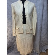 St John Saks Fifth Avenue Vintage Knit Skirt Suit Cream Braided Trim Button Set
