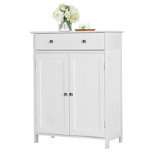 White Wooden Bathroom Floor Cabinet Storage Cupboard W/ Shelves for Home Kitchen