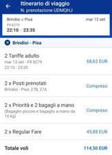 2 Biglietti Aerei Brindisi-Pisa