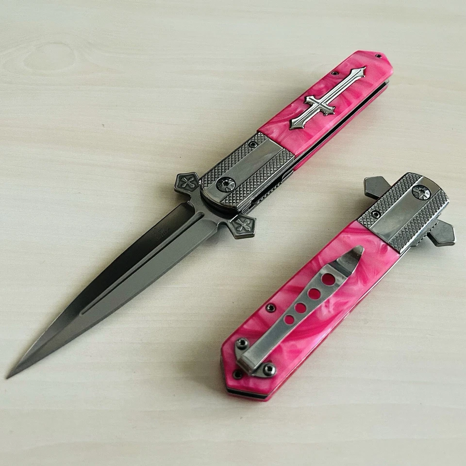 9” Pink Pearl Cross Tactical Spring Assisted Folding Pocket Knife Girl’s Knife - Image 2 of 4