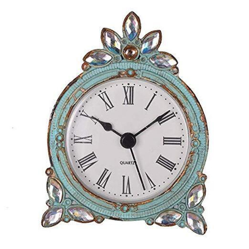 NIKKY HOME Vintage Pewter Quartz Mini Table Clock with Crystal Shining Aqua