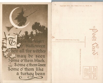 ANTIQUE HALLOWEEN POSTCARD - WITCH FLIES ON BROOM w/ MOON BY GIBSON ART ...