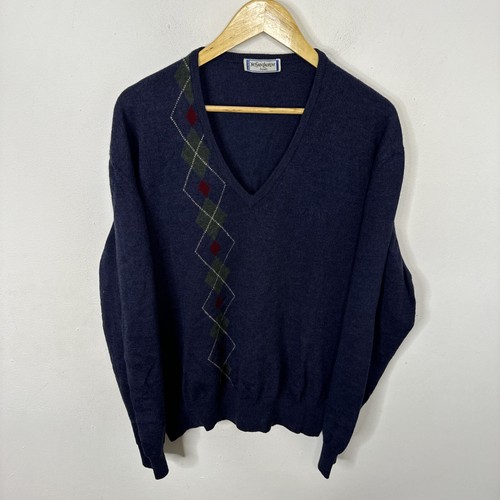 Vintage Yves Saint Laurent Tricot Tennis Golf Sweater Size 8 (L/XL) Blue Argyle