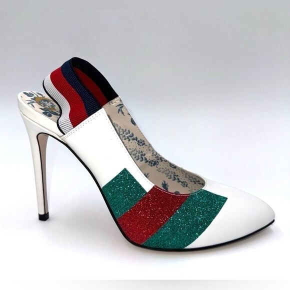 GUCCI Calfskin Glitter Web High Heel Slingback Pumps White