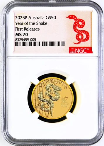 2025 Australia Bullion GOLD $50 Lunar Year of the Snake NGC MS70 1/2oz Coin FR