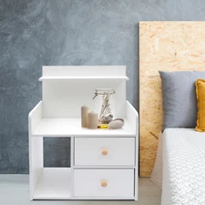 2 Drawers +Cabinet Side Table White Bedside Small Table Nightstand for Home
