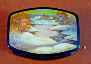 Rare Russian Lacquer Box Mother of Pearl Small Miniature Black & Red Snow Cabin