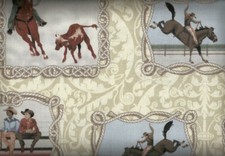 Cowboy Up rodeo scenes broncs ropoing cream Michael Miller western fabric