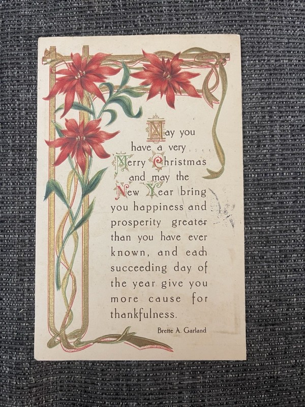 Vintage Antique POSTCARD Embossed  CHRISTMAS Wishes Gold Foil & Poinsettia c1911