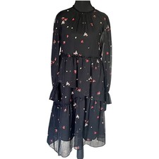 Who What Wear Black Floral Chiffon Tiered Midi Dress Cottagecore Boho Size Small