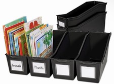 Storex Large Plastic Book Bin w/ Front Pocket Black Classroom Organizer 5 Pack