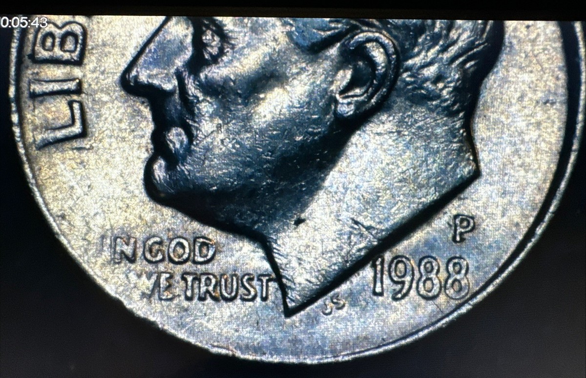 1988-P Roosevelt Dime Error Off Center Obverse Circulated & Ghost