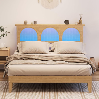 Rustic Rattan Bed Frame with LED Lights, Easy Assembly, No Box Spring Needed
