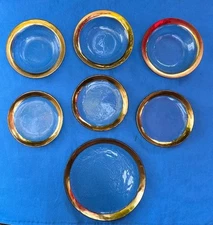 7 Annie Glass Roman Antique Gold 24K Rim 3 Bowl, 3 Dinner & Buffet Plate 1985