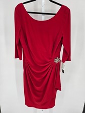 Alex Evenings Womens Sz 16 Midi Length 3/4 Sleeve Formal Dress Red Draped NEW