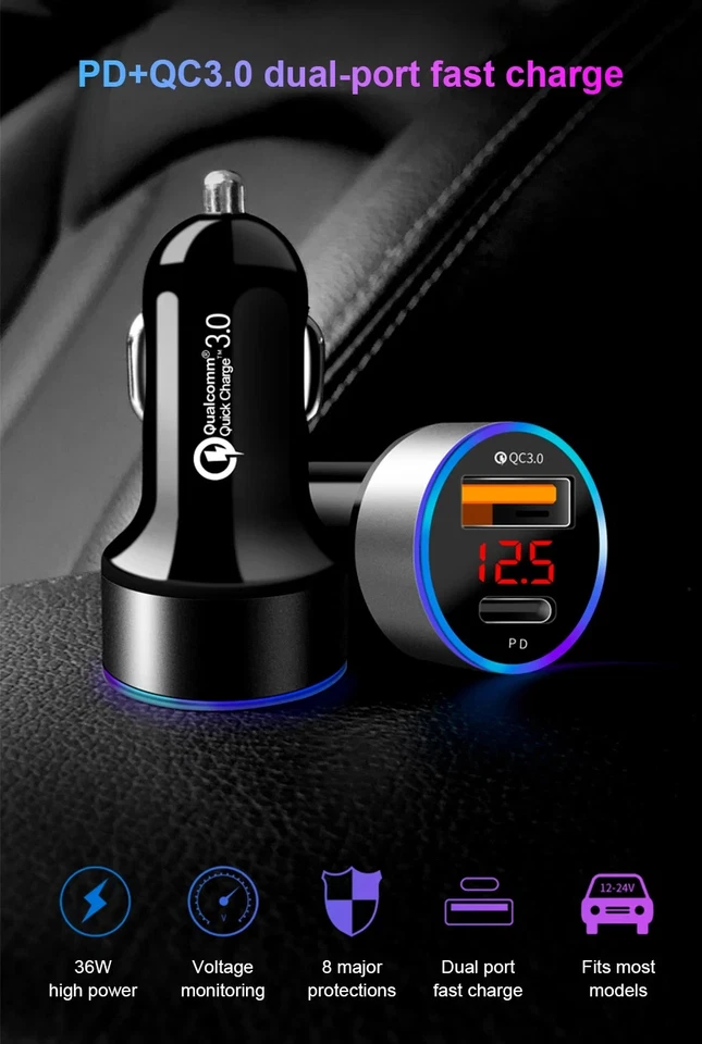 Quick Charge QC 3.0 36W 2 Port USB+PD Fast Car Charger iPhone 14 Samsung S22 - Image 3 of 4