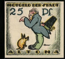 Notgeld Altona 1921, 25 Pf, Mann mit Katze, Rückseite mit Gedicht und Nummerier 