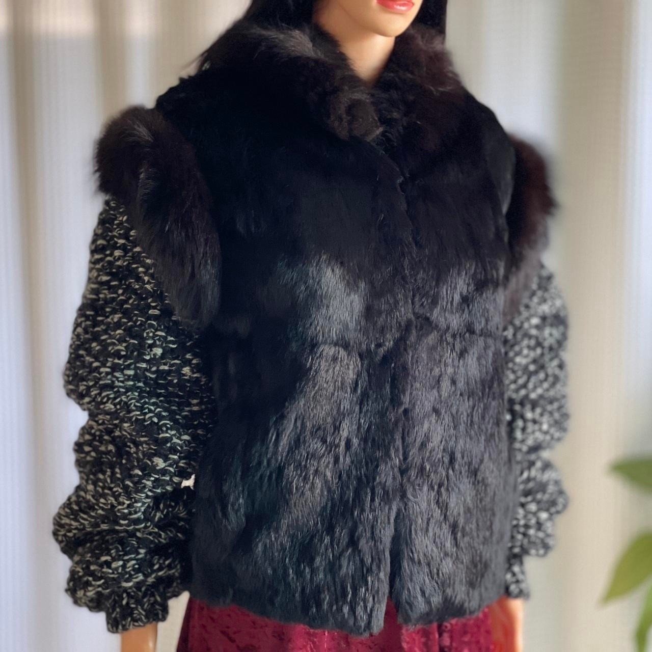 Vintage 80s Black Rabbit Fur Textured Knit Sleeve Jacket Coat Mobwife Size L/XL