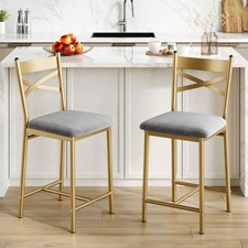 Set of 2 Black Counter Height Bar Stools with High Back & Gold Metal Legs