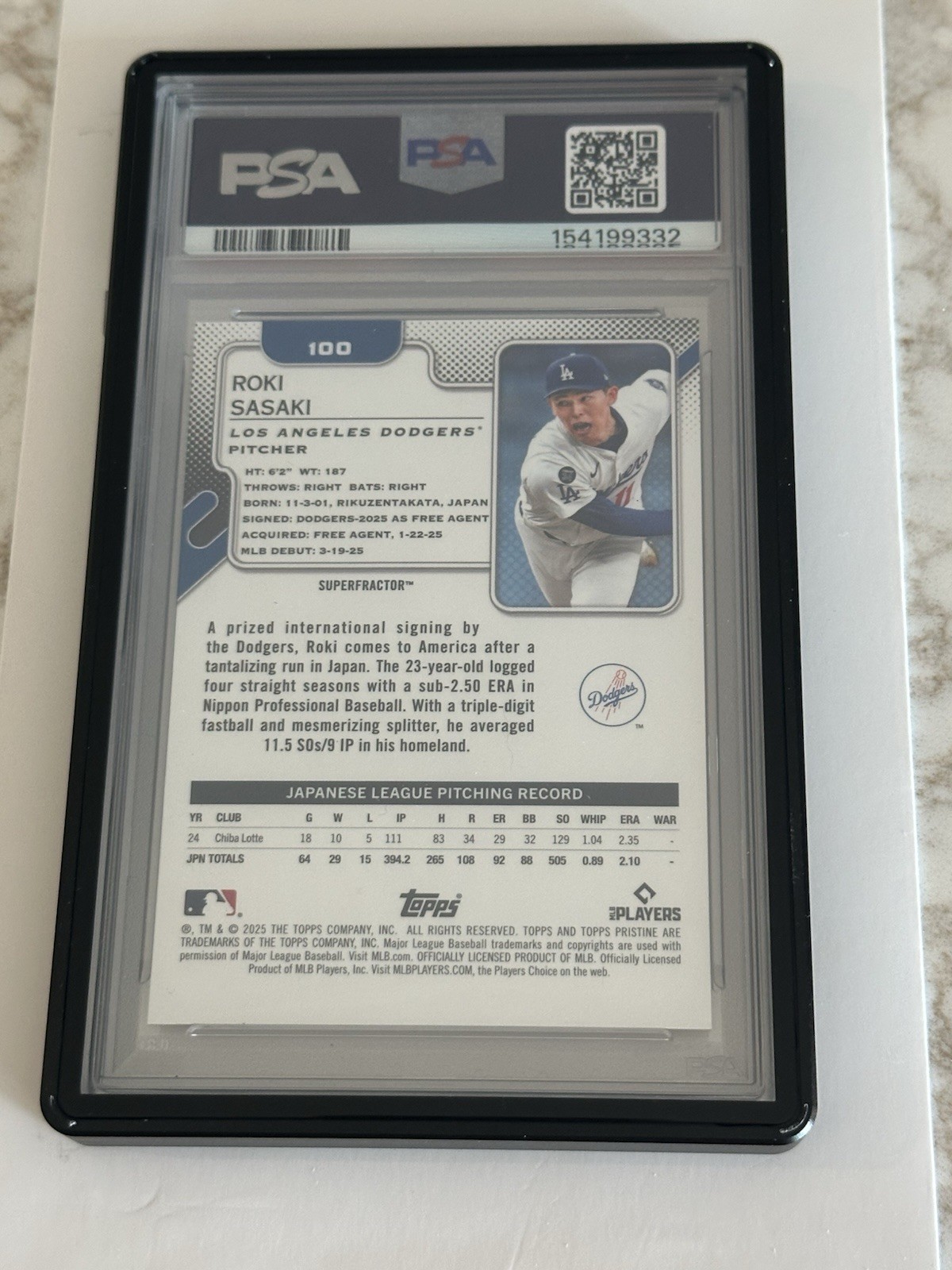 2025 Topps Pristine RC Superfractor Roki Sasaki #1/1 PSA 10 Dodgers  view 2