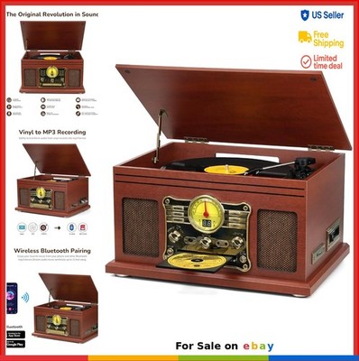 Bluetooth Record Player Turntable 3 Speed 33 45 78 RPM CD Cassette FM Radio MP3