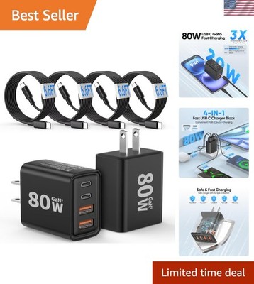 Compact 80W 4-Port USB-C Charger with 6.6FT Cable - Fast Charge Multiple Devices