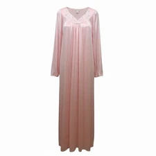 shadowline nightgown M Pink Embroidered Long Lace Trim Brushed Inside USA NEW