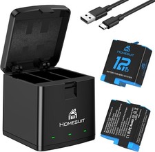 3-Channel battery charger for GoPro Hero 12/11/10/9 with 2x batteries 1800mAh