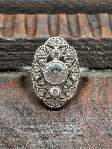 Vtg Sterling Silver Elegant Art Deco Style Filigree Cocktail Ring Sz 8.5