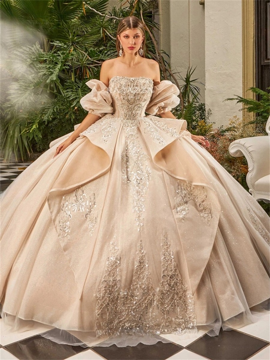 Beaded Rhinestones Ball Gown Strapless Sequined Large Train Quinceanera  Dress | eBay